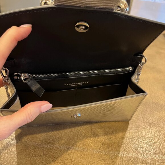 Strathberry Crescent On A Chain Silver Lizard Embossed Leather Crossbody NWOT - Picture 8 of 10